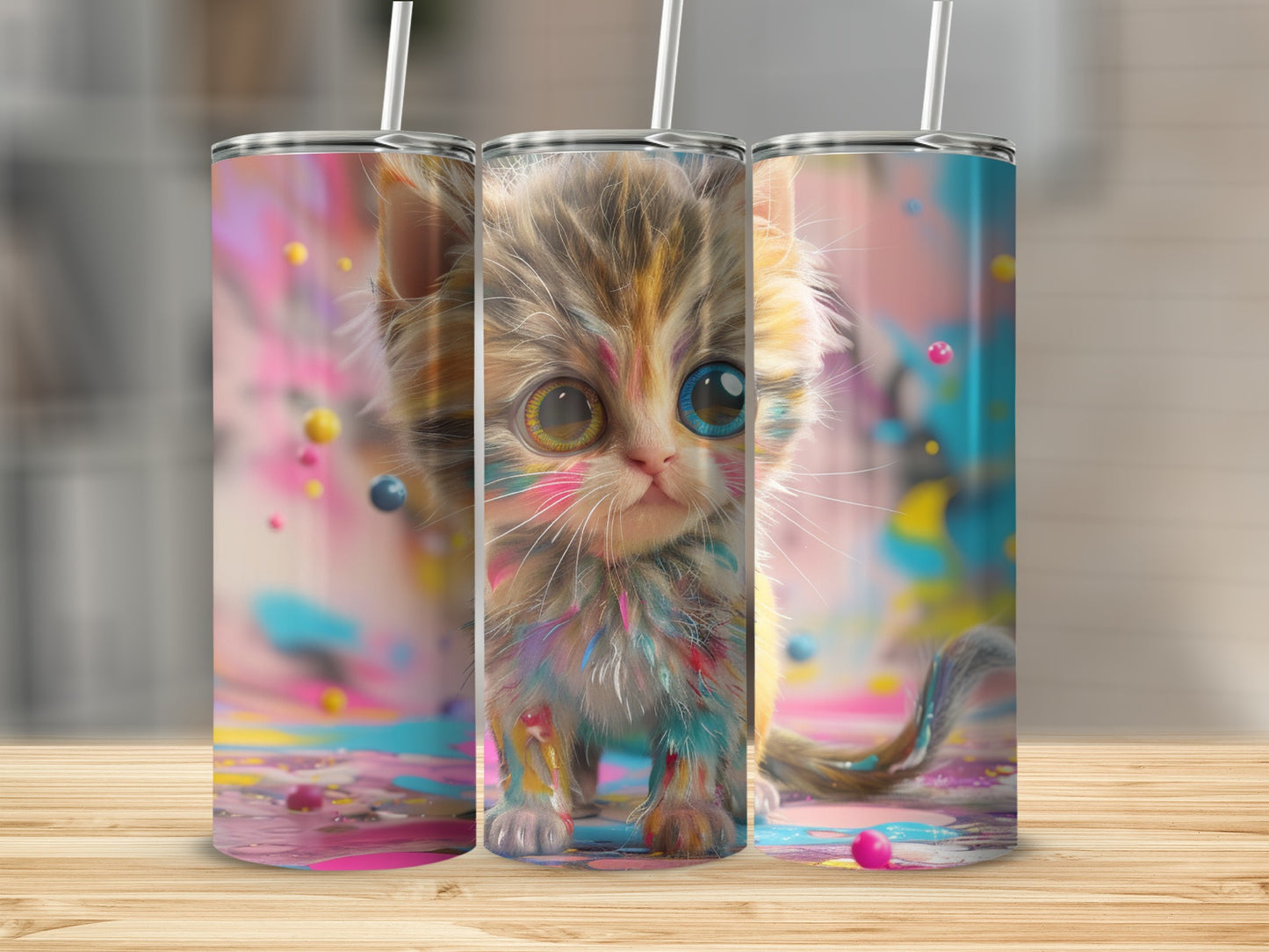 Kitten with colorful paint splatters on a tumbler with straws.