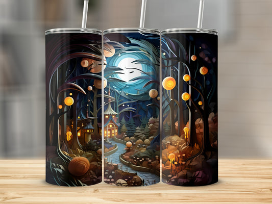 Three tumblers with a fantasy forest scene and glowing moon.
