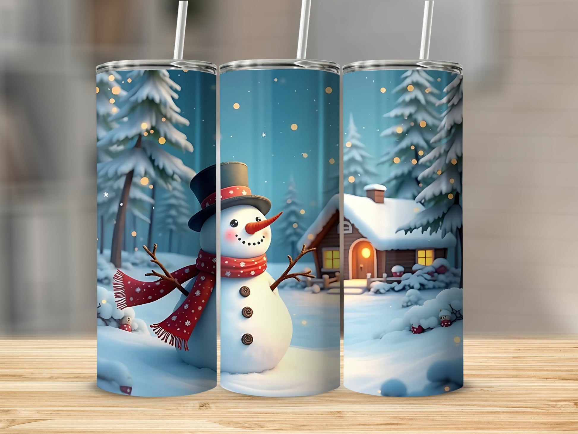 Festive Snowman and Cabin Winter Scene Tumbler Cups