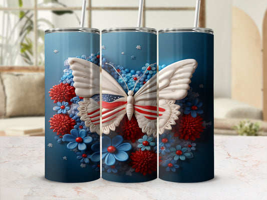 Three patriotic tumblers with butterfly and floral designs.