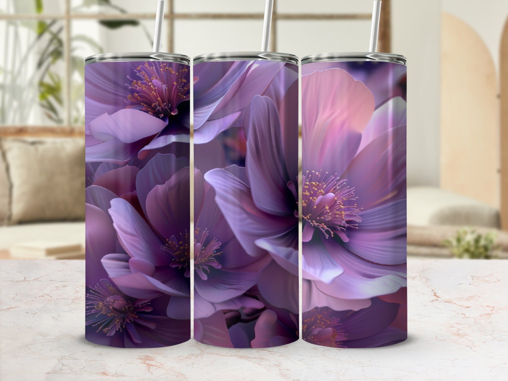 Three tumblers adorned with a close-up floral design in shades of purple.
