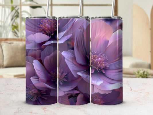 Three tumblers adorned with a close-up floral design in shades of purple.