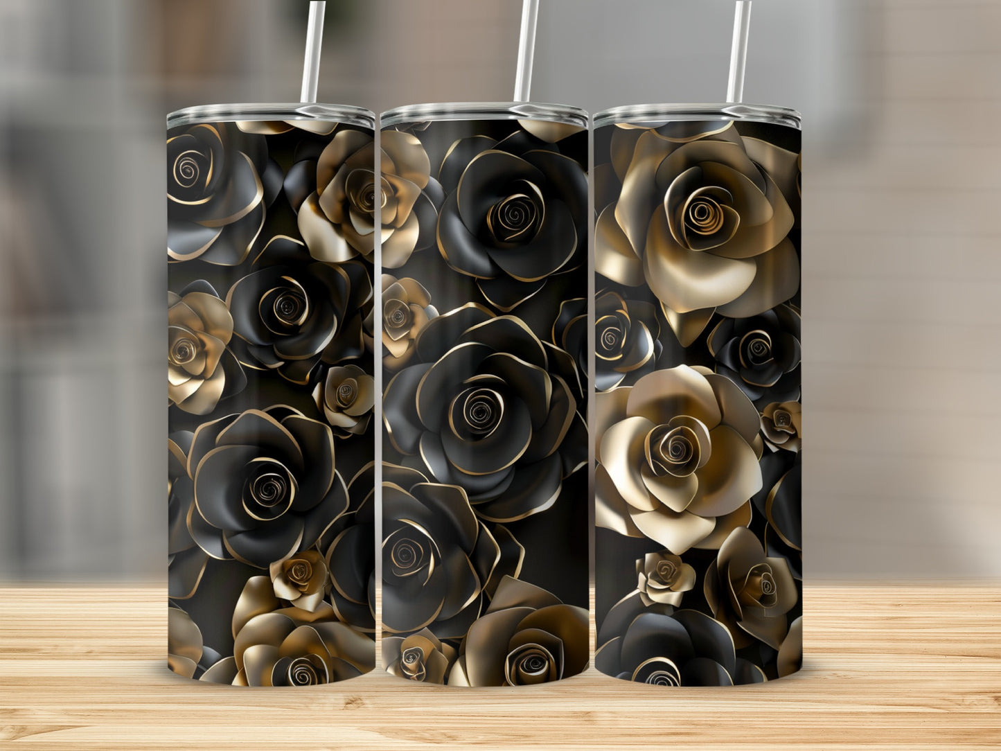 Three tumblers with a black and gold rose floral pattern.