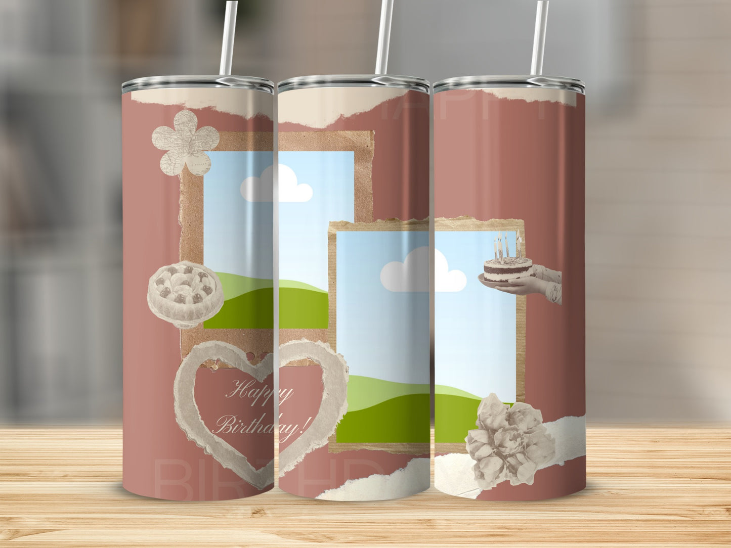 Three tumblers with birthday cake, pie, and heart designs on a wooden surface.