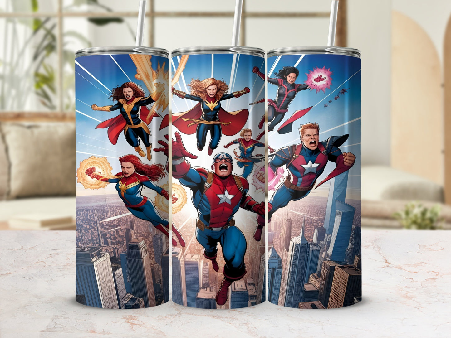 Three tumblers featuring Marvel superheroes flying over a city skyline.