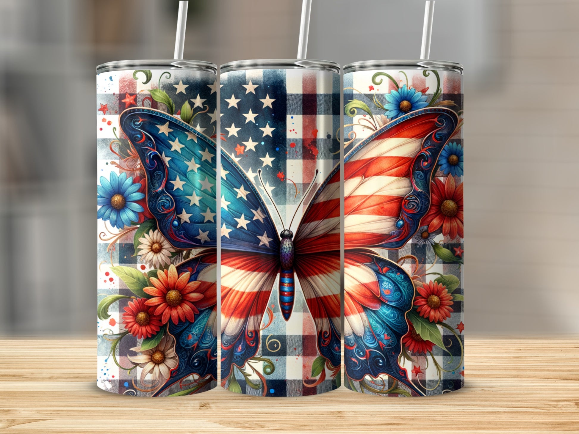 Patriotic butterfly tumbler with stars and stripes and floral accents.