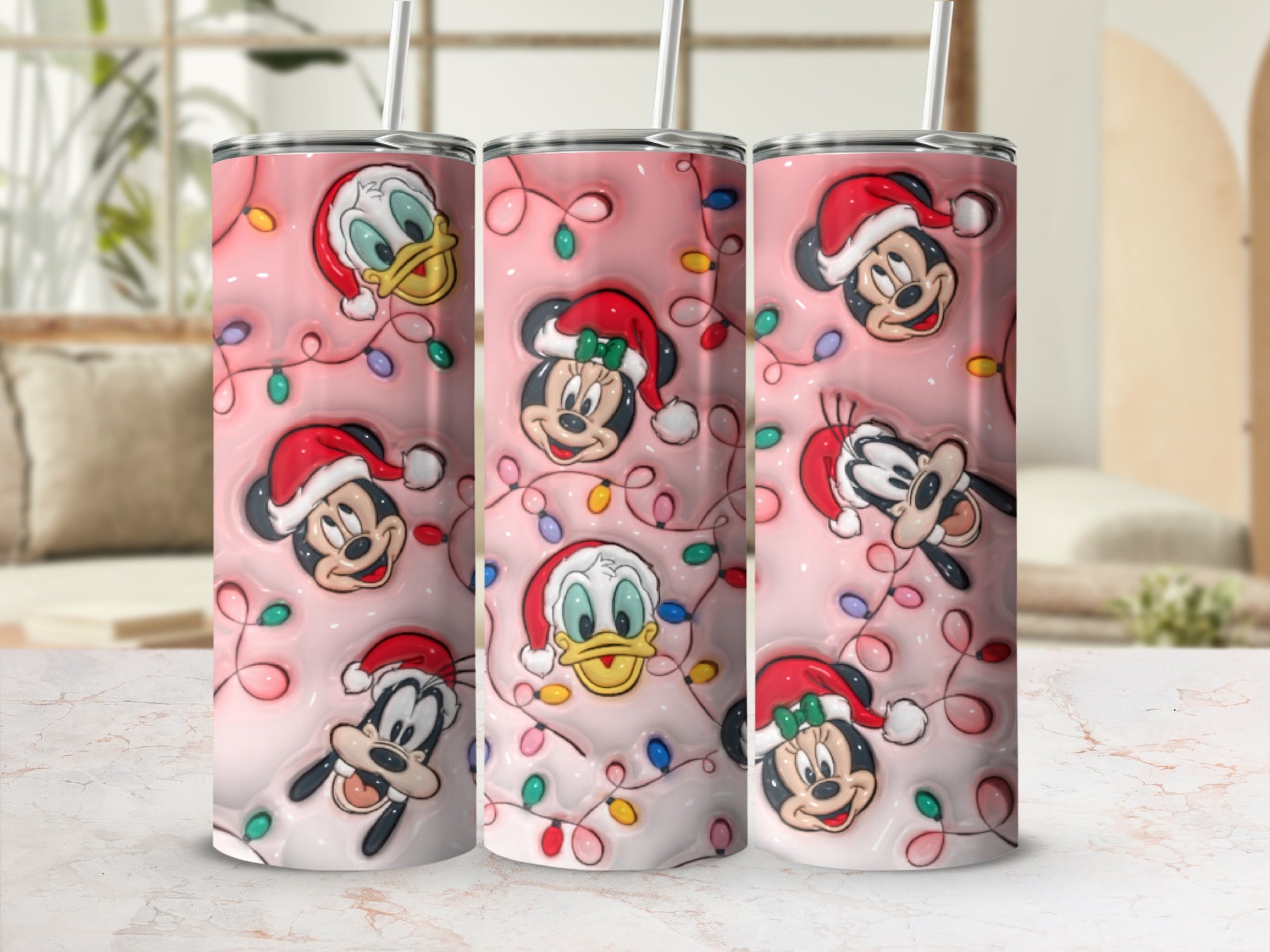 Christmas Cartoon Characters Tumbler with Festive Lights