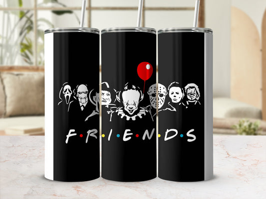 Three tumblers with horror movie characters and the "Friends" logo.