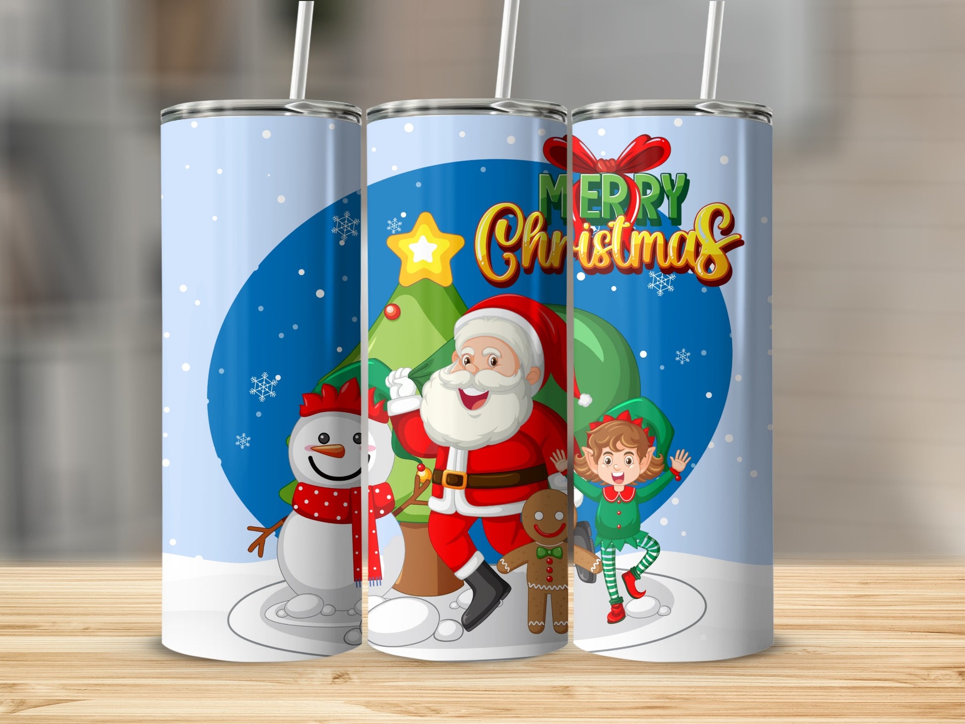 Merry Christmas Santa Snowman Elf Scene 3 Tumbler Set