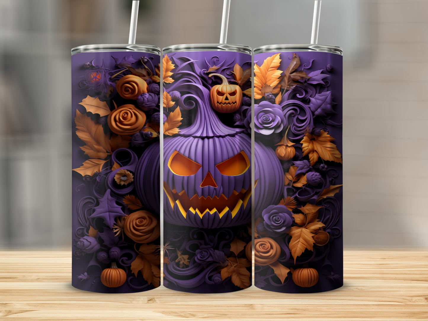Three purple tumblers with a Halloween pumpkin design and floral accents.