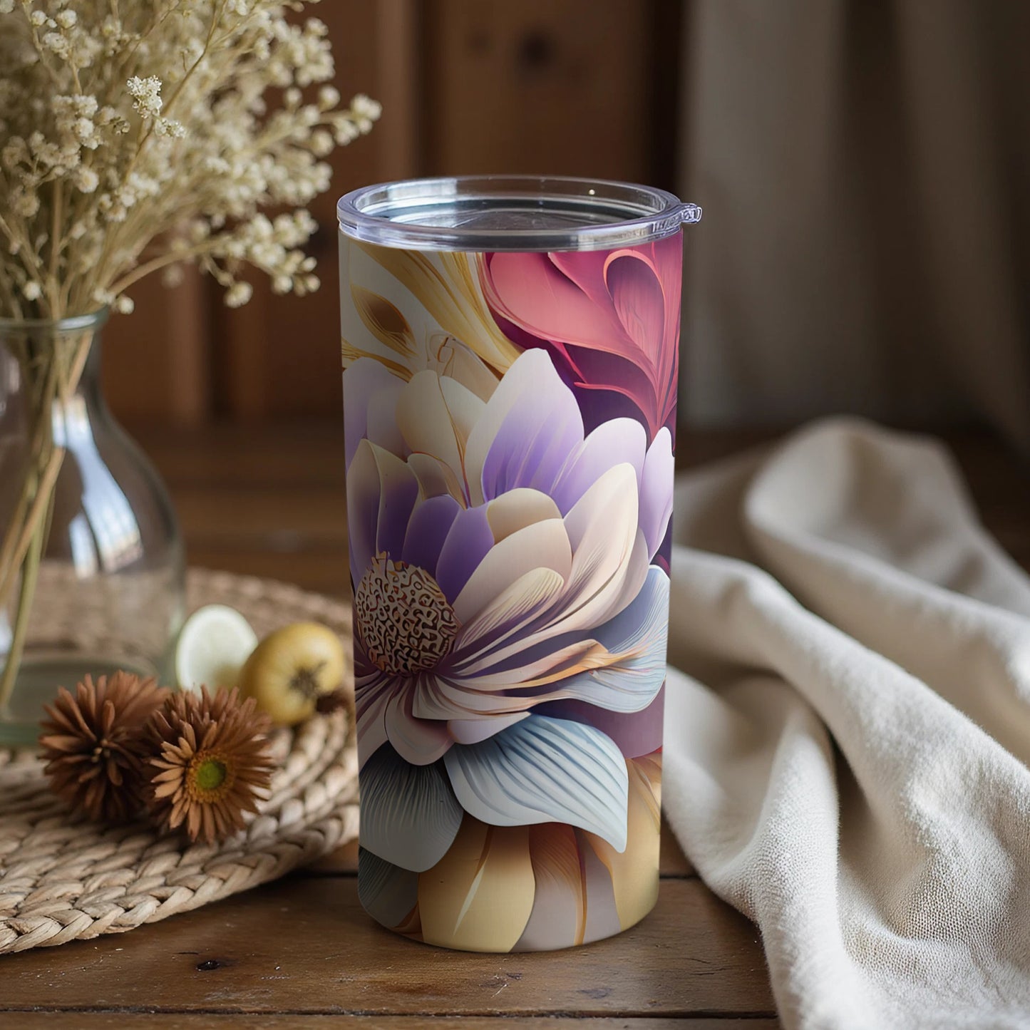 Floral Design Insulated Tumbler with Lid Drinkware