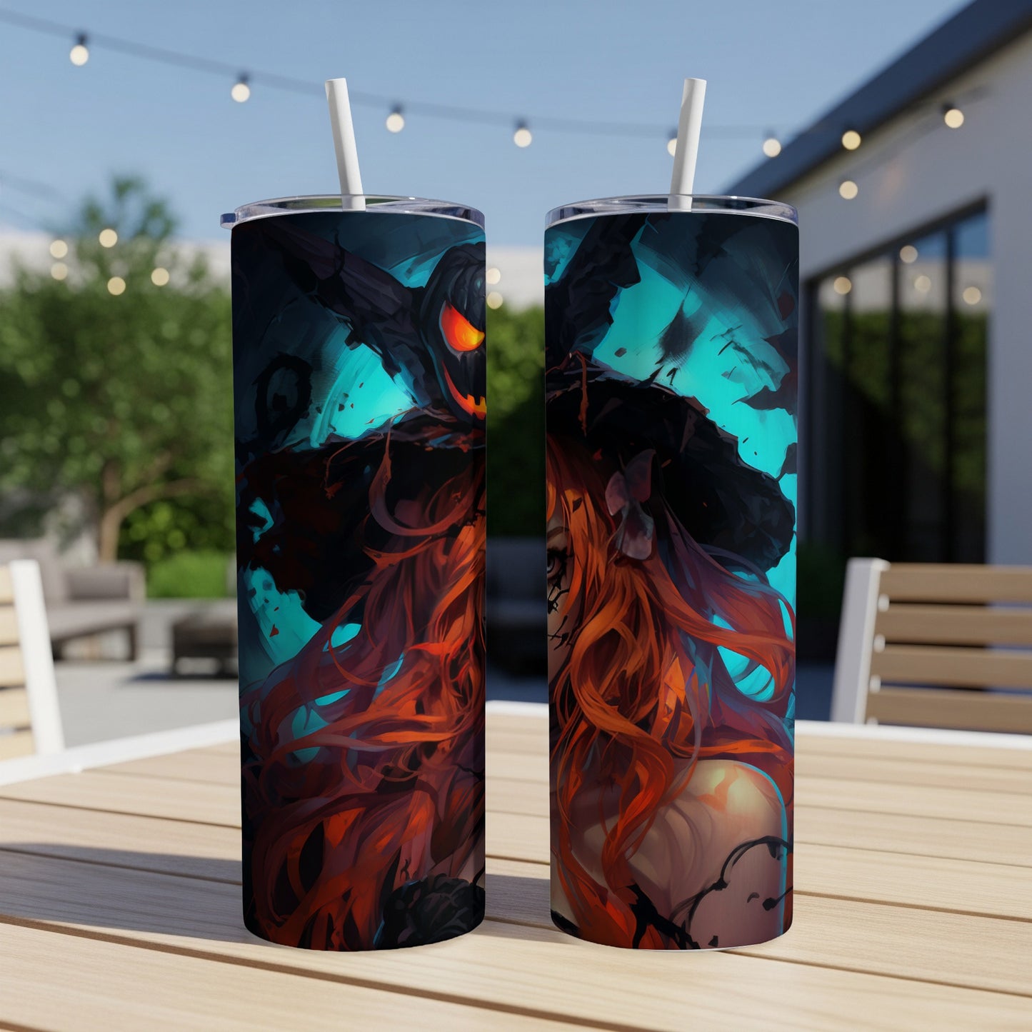 Two tumblers featuring a Halloween witch with fiery orange hair and a jack-o'-lantern hat.