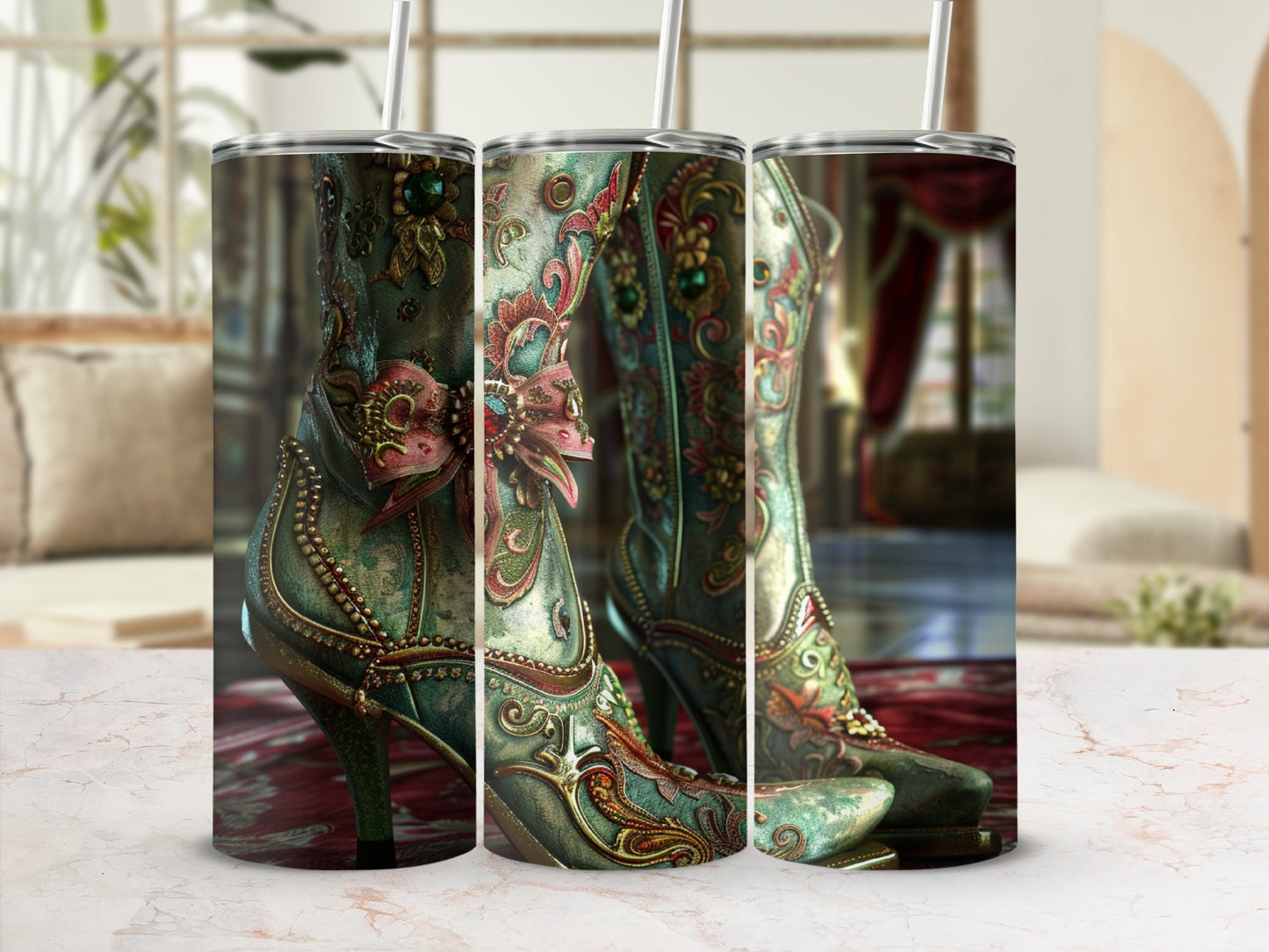 Ornate teal boots with floral details and gold accents on a patterned rug.