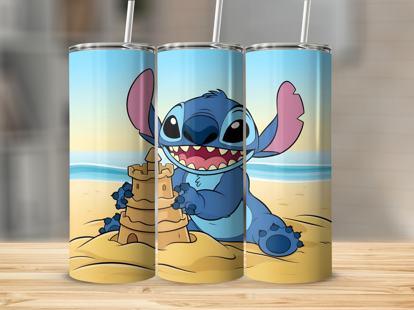 Stitch character sits on a sandy beach building a sandcastle.