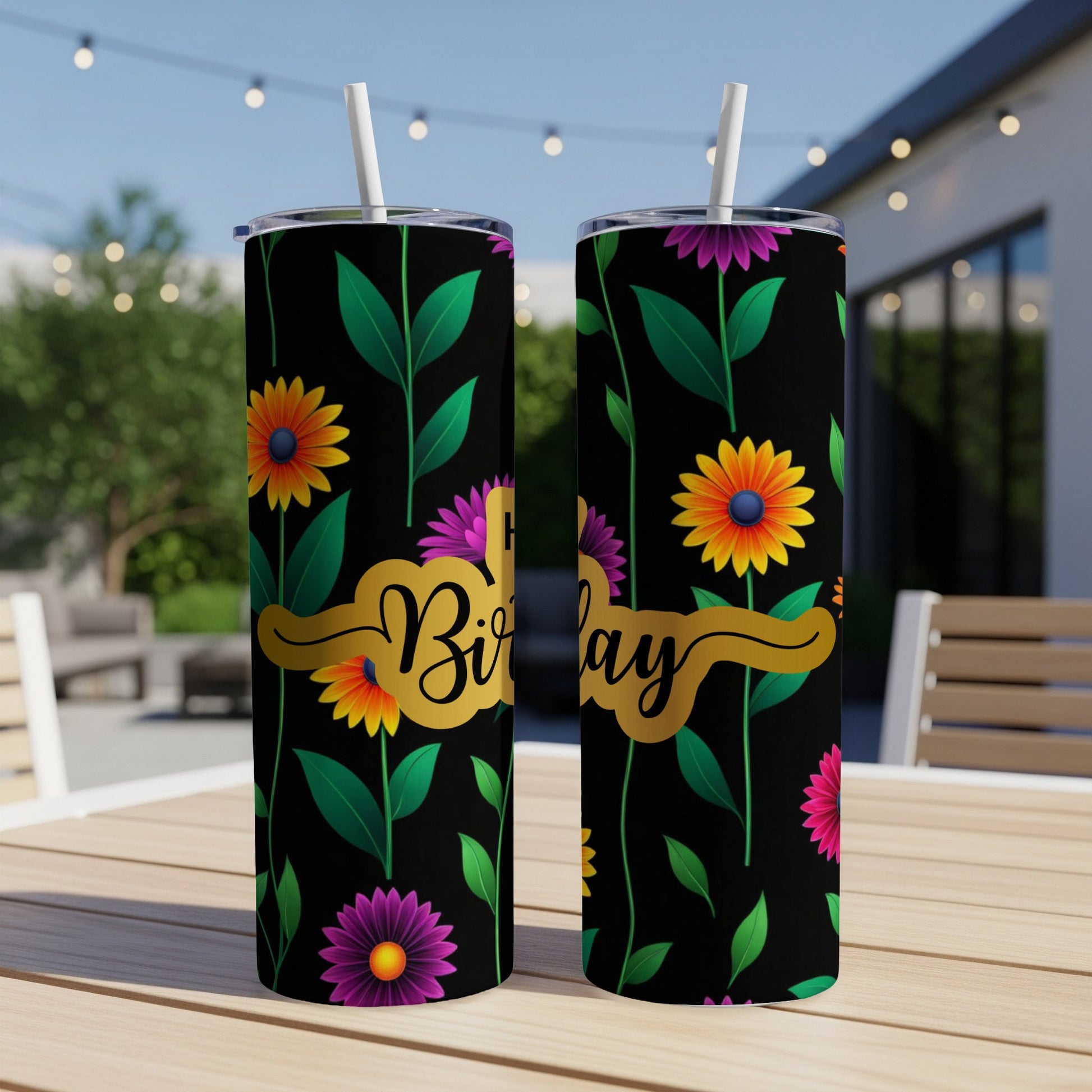 Black tumbler with floral pattern and "Happy Birthday" text.