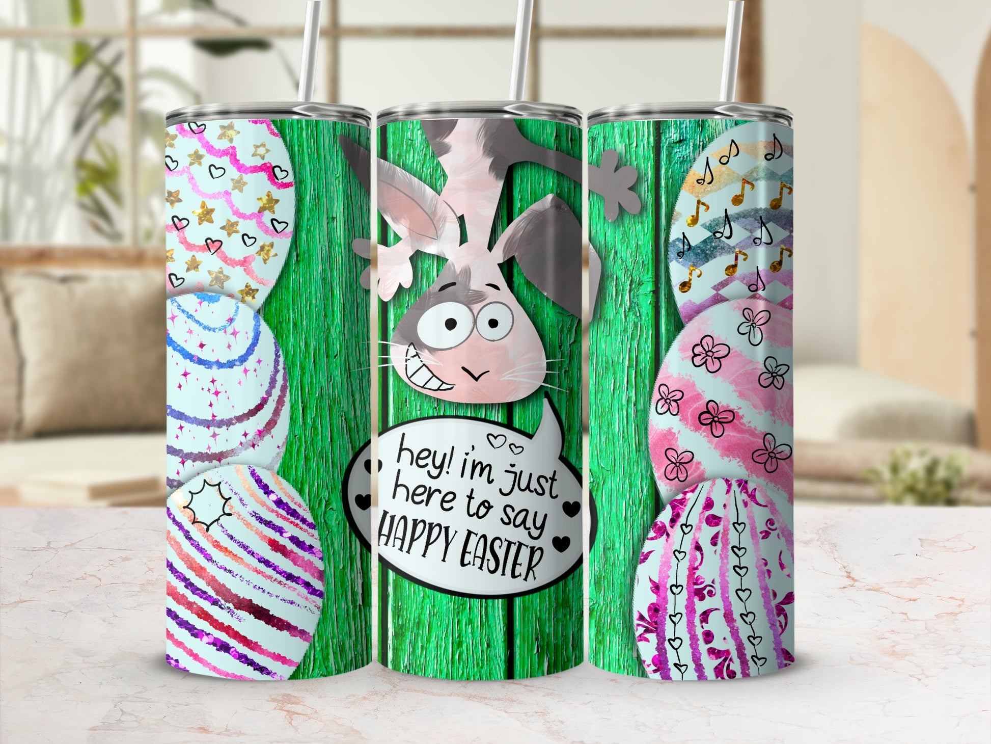 Easter bunny with polka dot eggs and text "hey! I'm just here to say HAPPY EASTER".