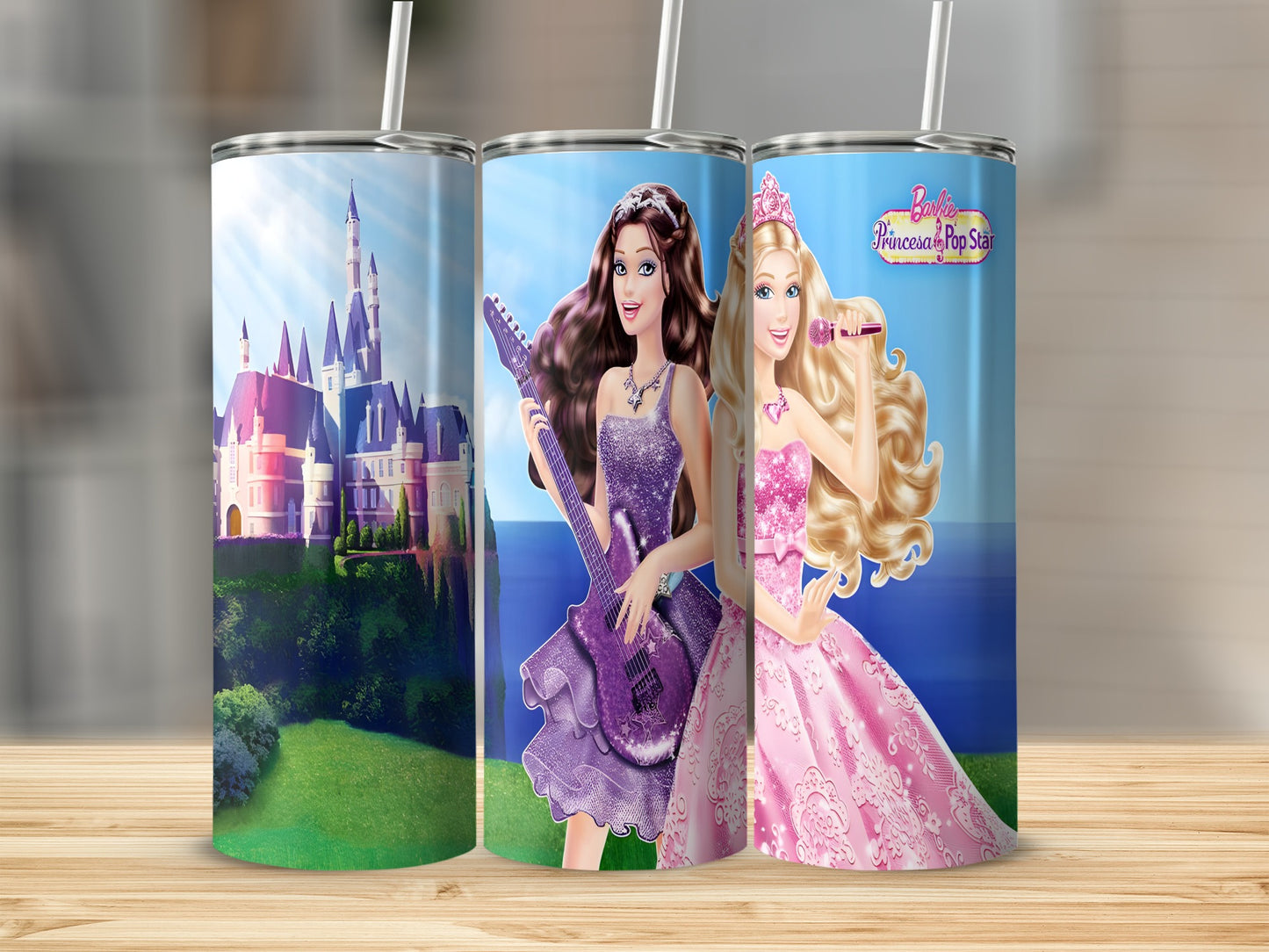 Barbie Princesses and a Pop Star with a guitar in front of a castle.