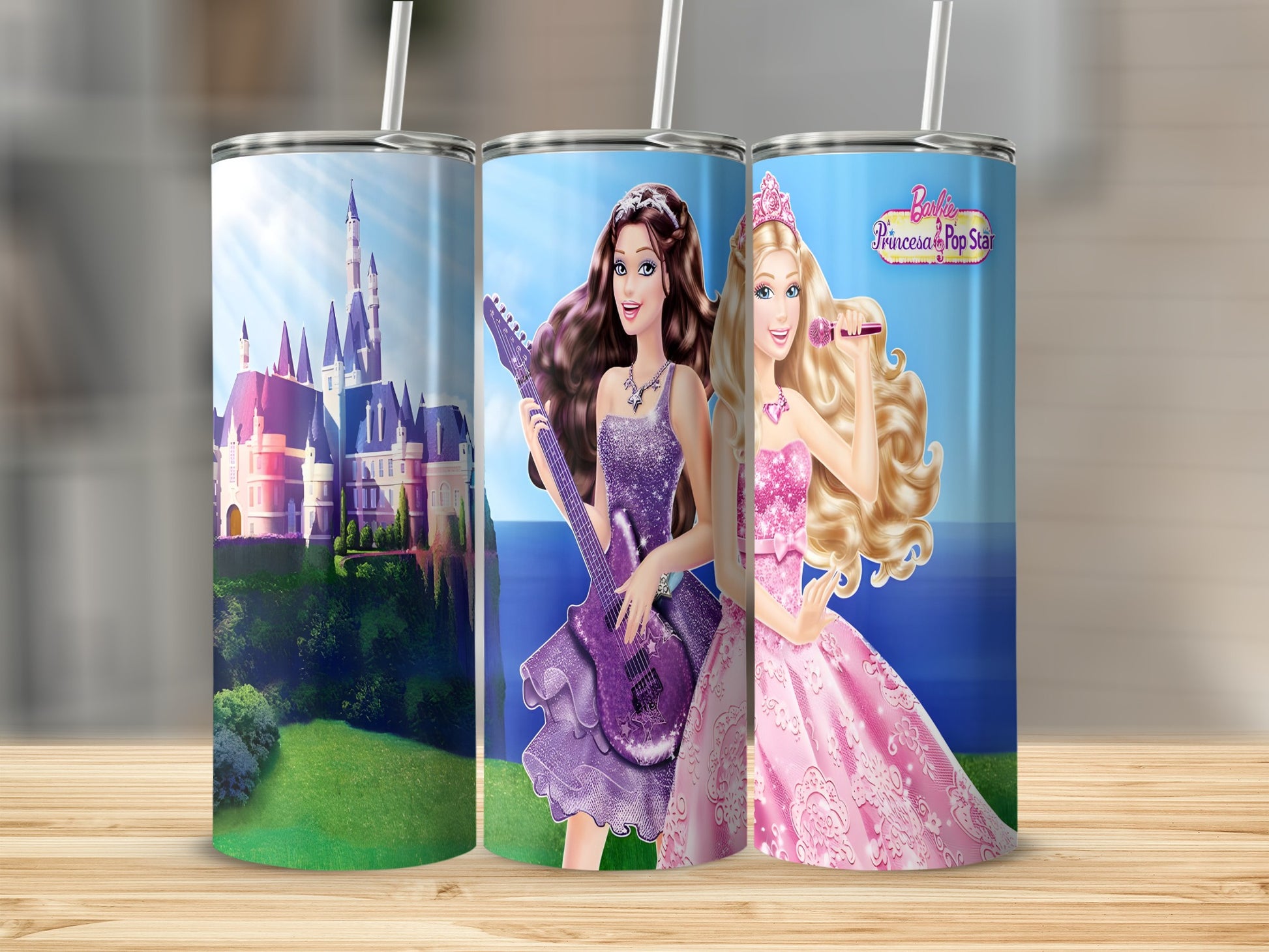 Barbie Princesses and a Pop Star with a guitar in front of a castle.