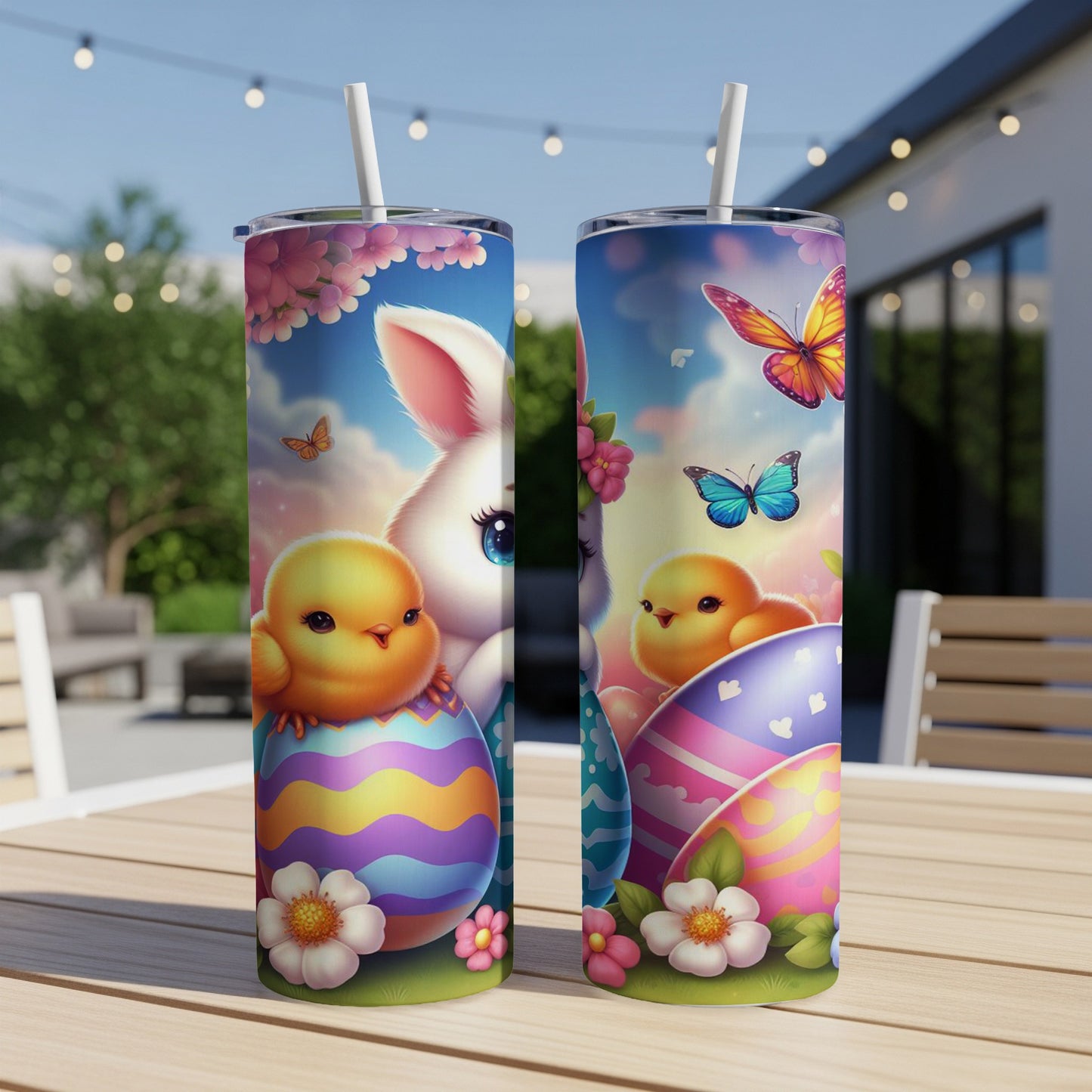 Easter chick and bunny with colorful eggs and butterflies on tumblers.