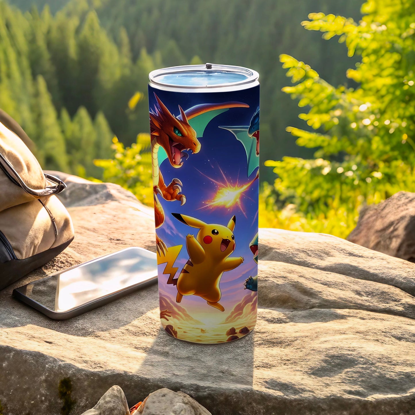 Pikachu and Charizard themed tumbler with vibrant design