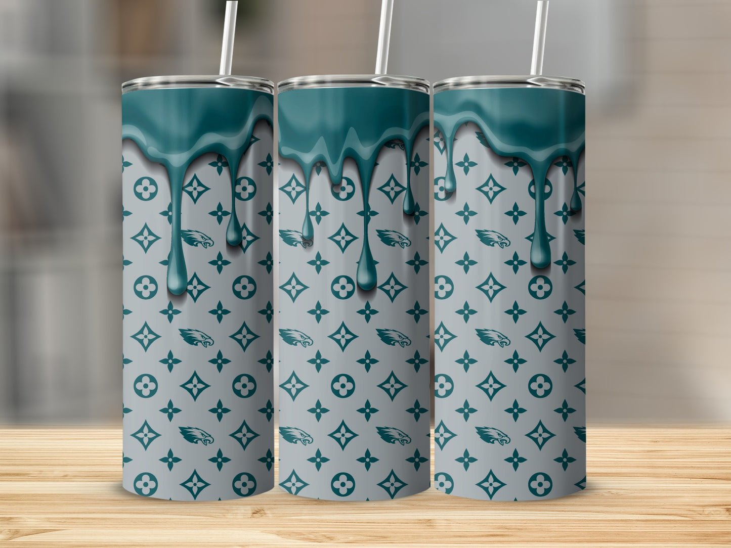 Teal Drip Design With Bird Image On Grey Tumblers