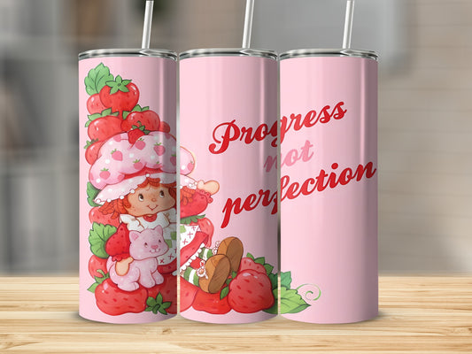 Strawberry Shortcake and P موقع, pink tumbler with "Progress not perfection" text.