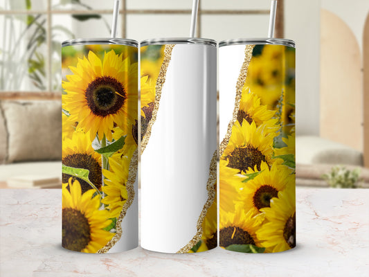 Sunflowers on white tumblers with gold glitter border.
