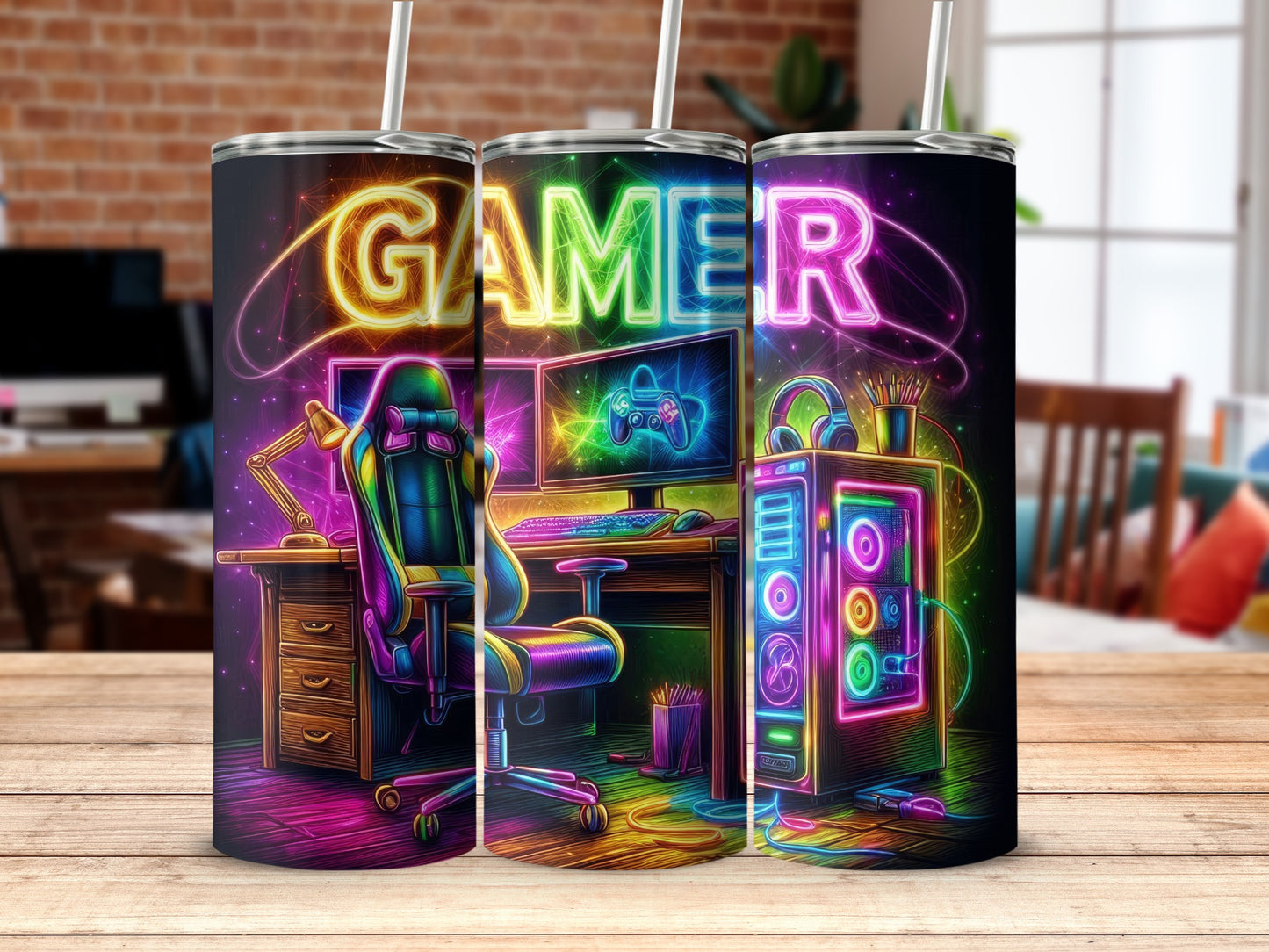 Neon Gamer Desk Setup with Chair and PC Tumbler