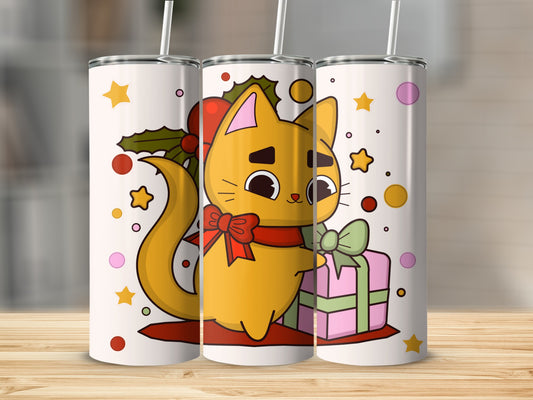 Cute Festive Cat with Gift and Berries Tumbler Flask