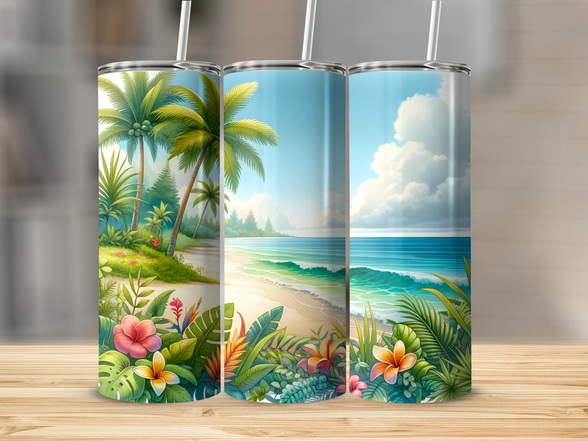 Three tropical beach scene tumblers with palm trees, flowers, and ocean.