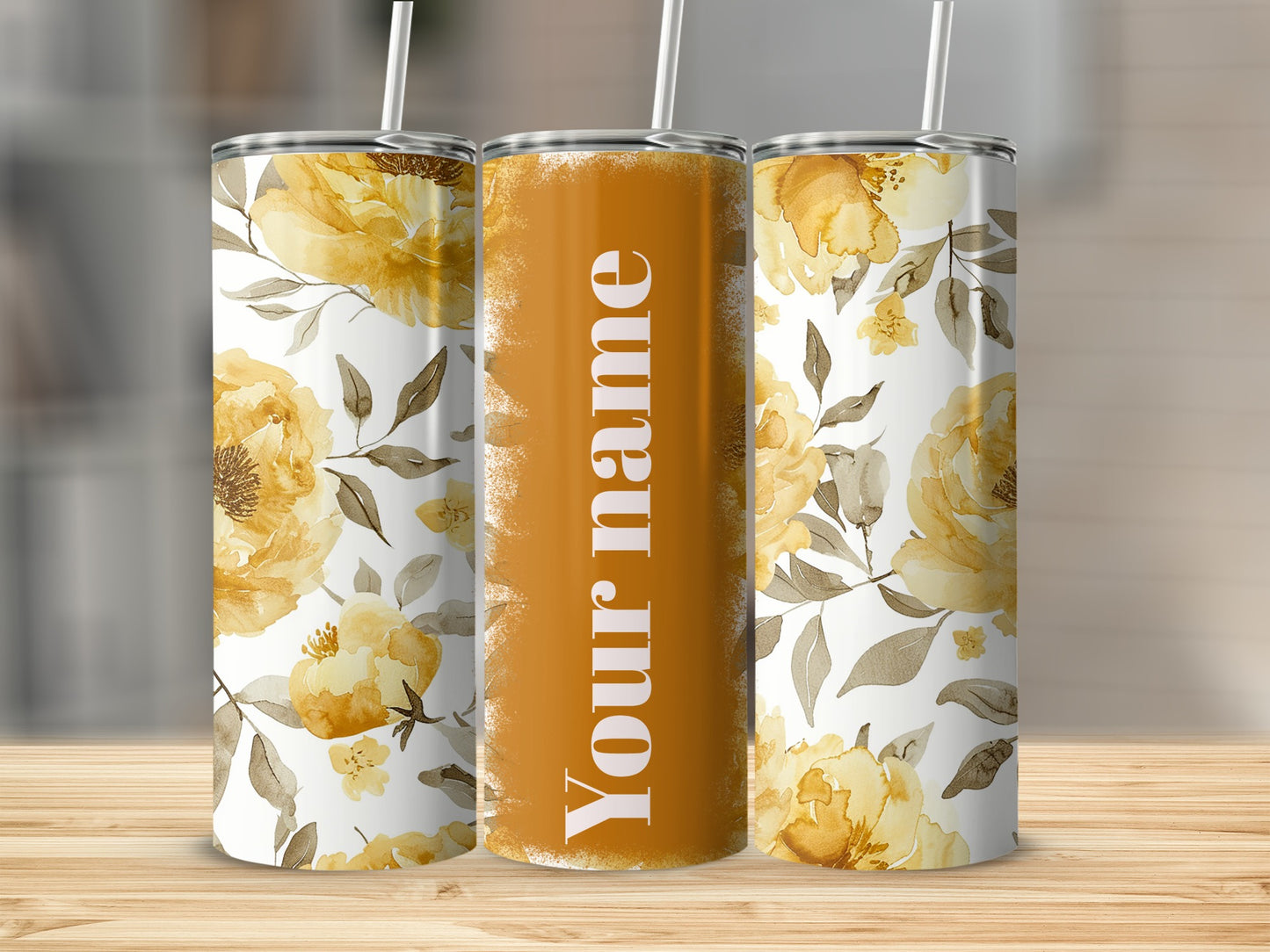 Custom Name Floral Slim Tumbler with Yellow Flowers