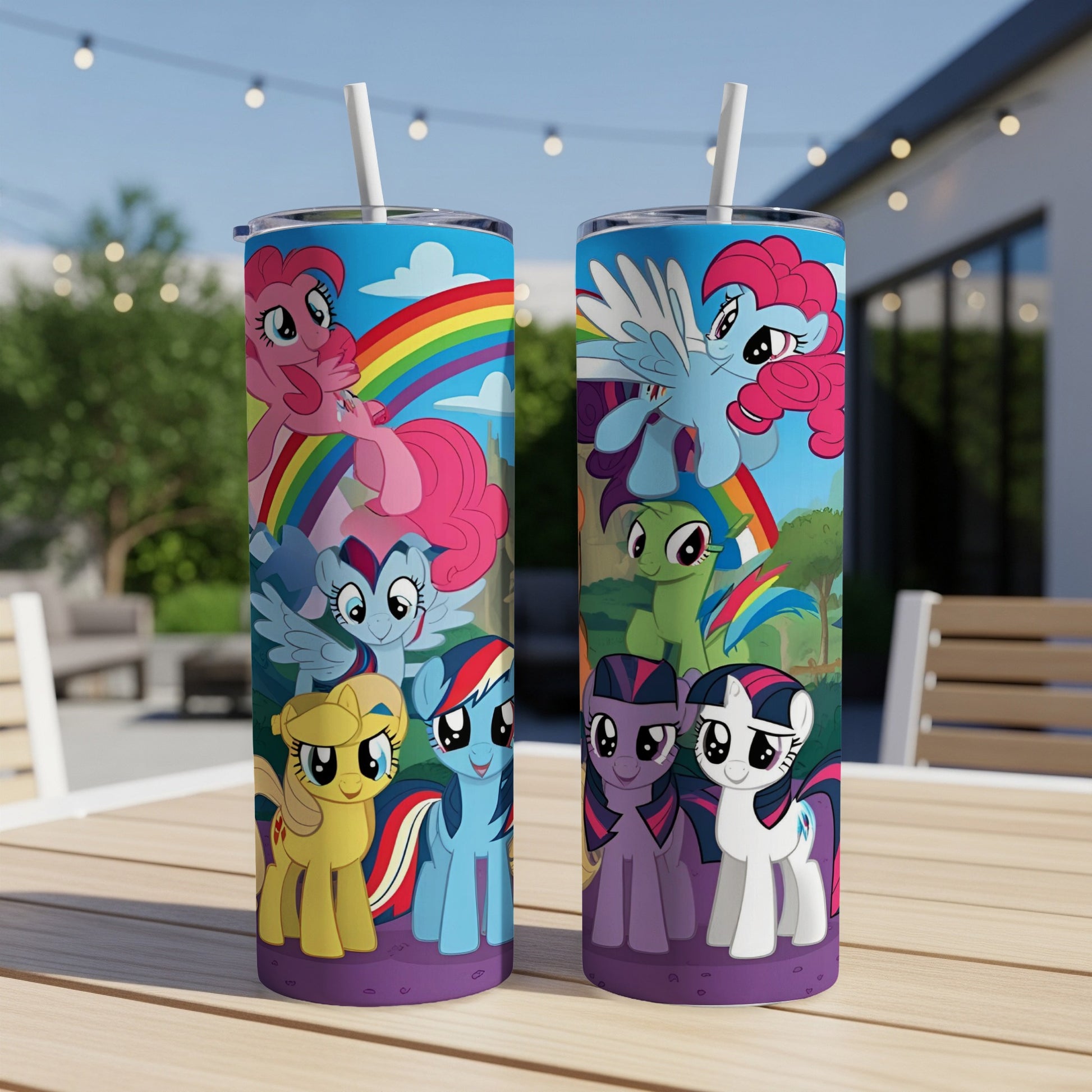 My Little Pony characters on a purple tumbler with a rainbow and straw.