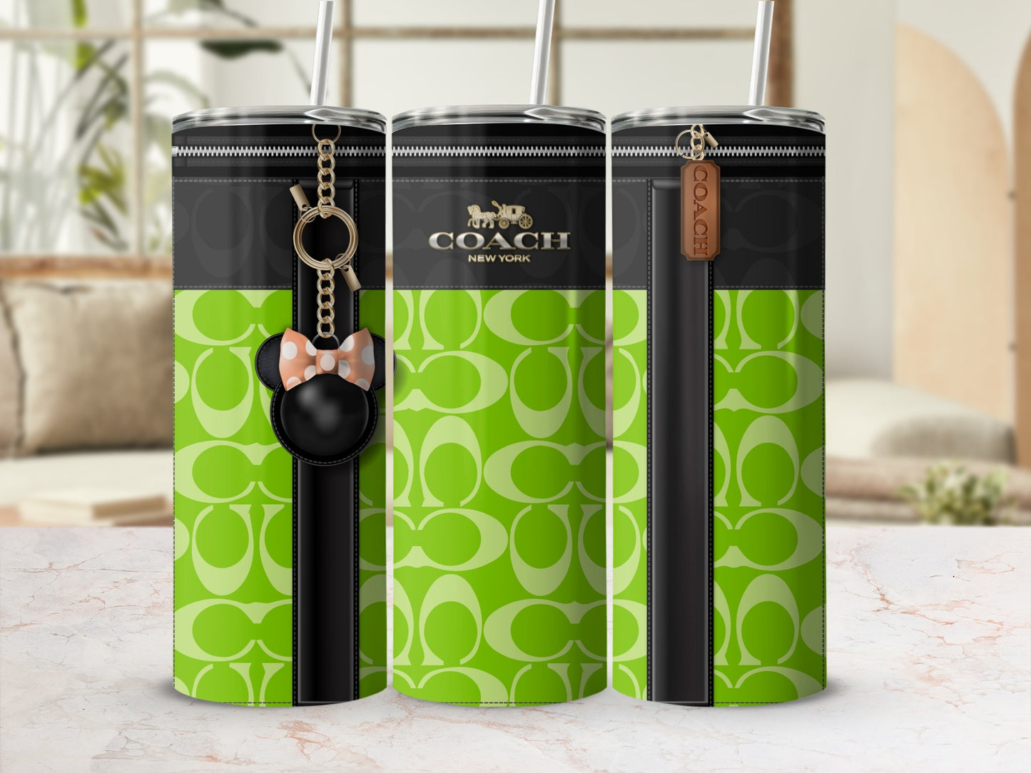 Stylish Green Coach Branded Tumblers with Keychain Decor