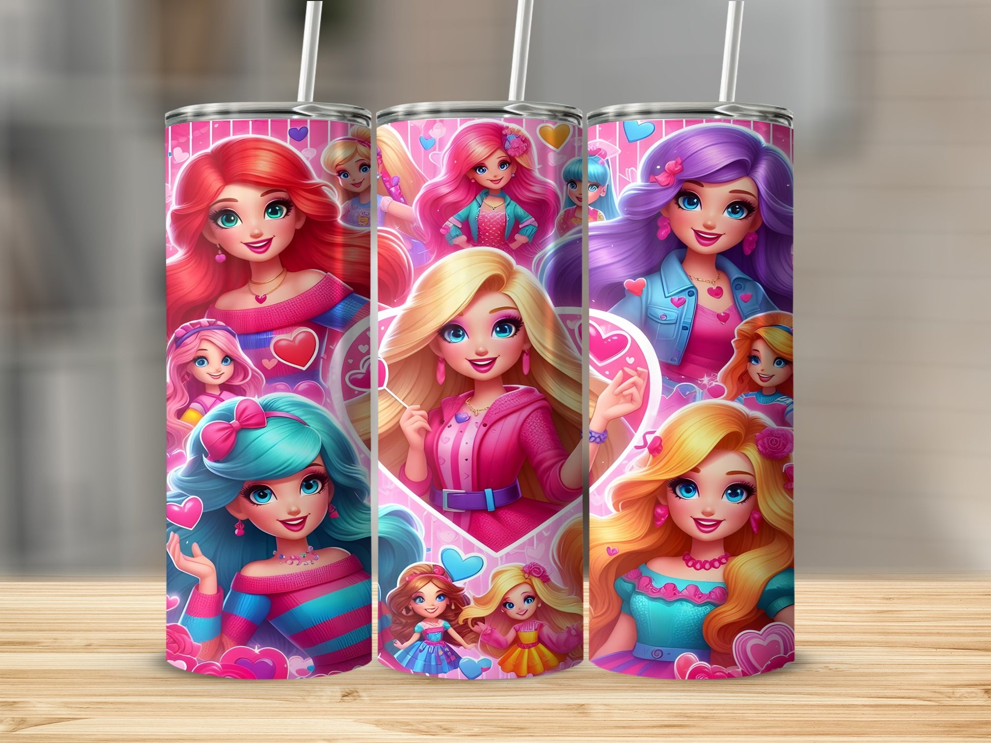 Three pink tumblers with cartoon girls in bright clothing.