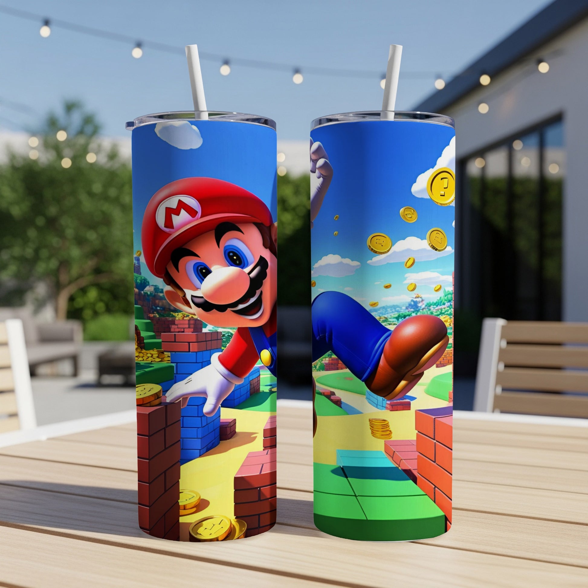 Mario jumping through a colorful level with coins and bricks.