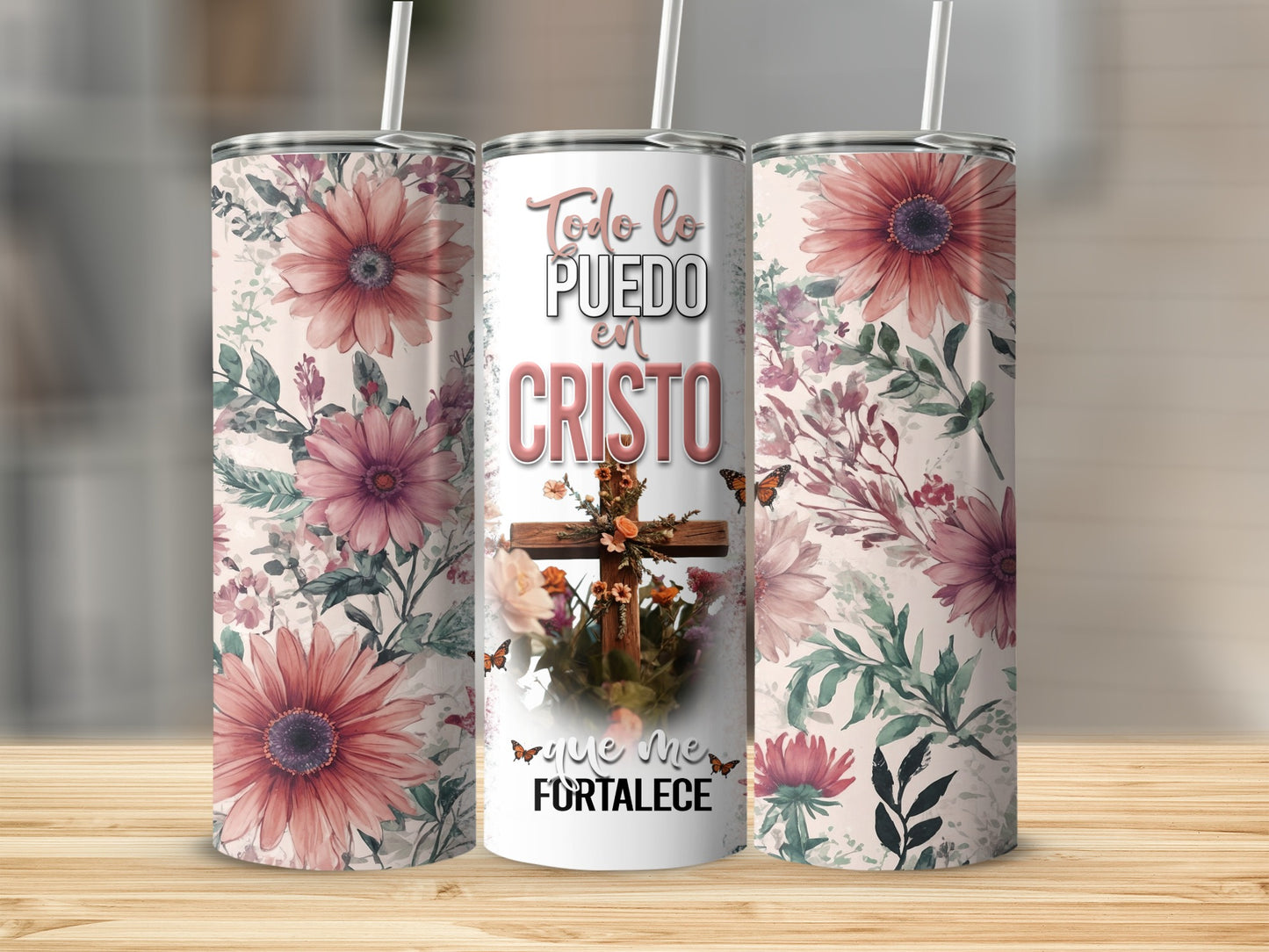 Tumbler with floral pattern and text "Todo lo puedo en Cristo que me fortalece".