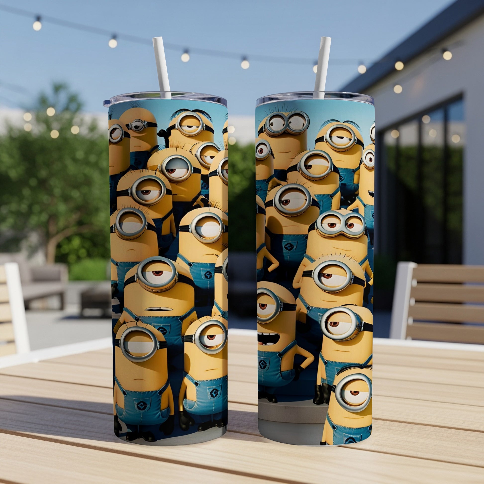 Minions in blue overalls scattered across a blue background.
