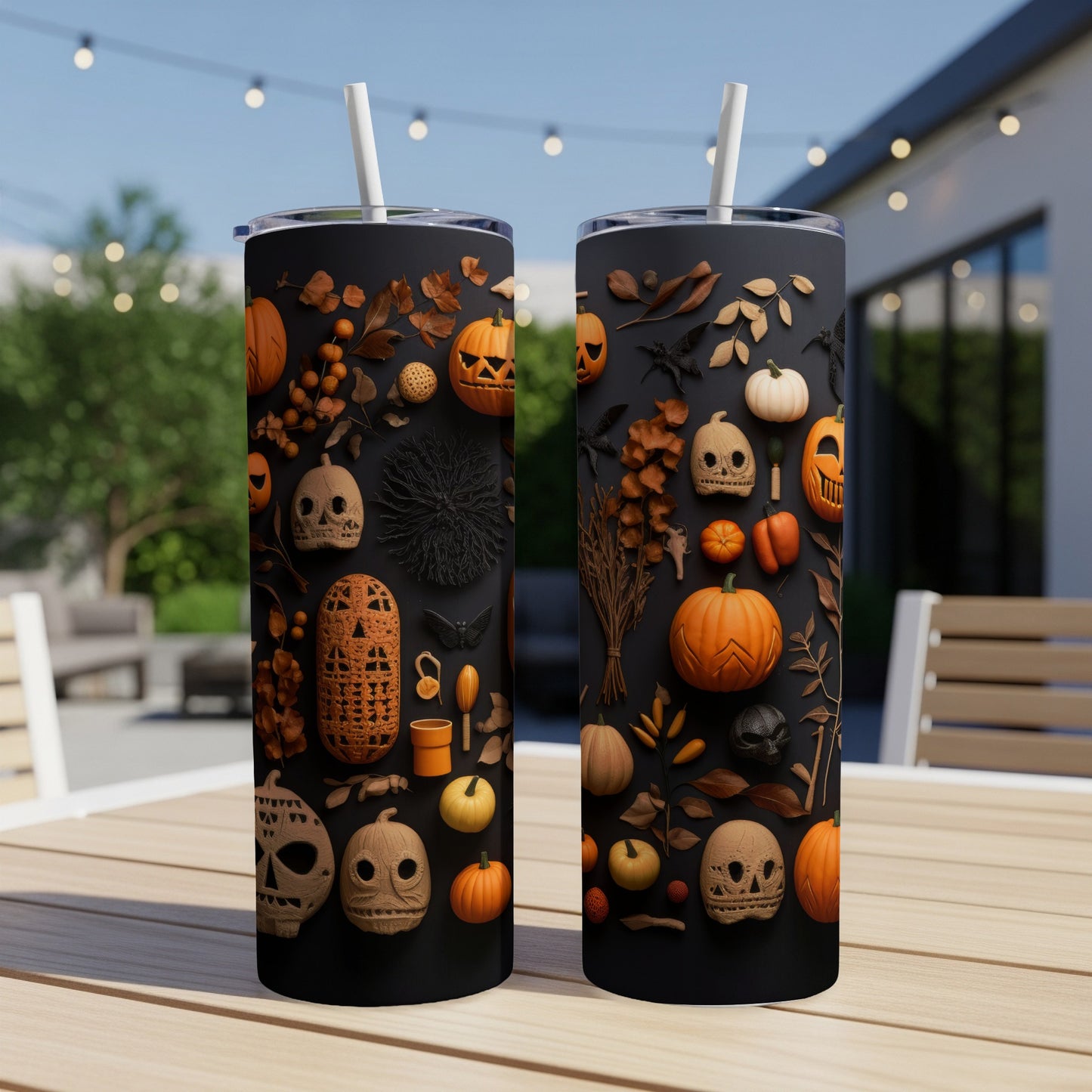 Two black tumblers with Halloween pattern of pumpkins, skulls, bats, and leaves.