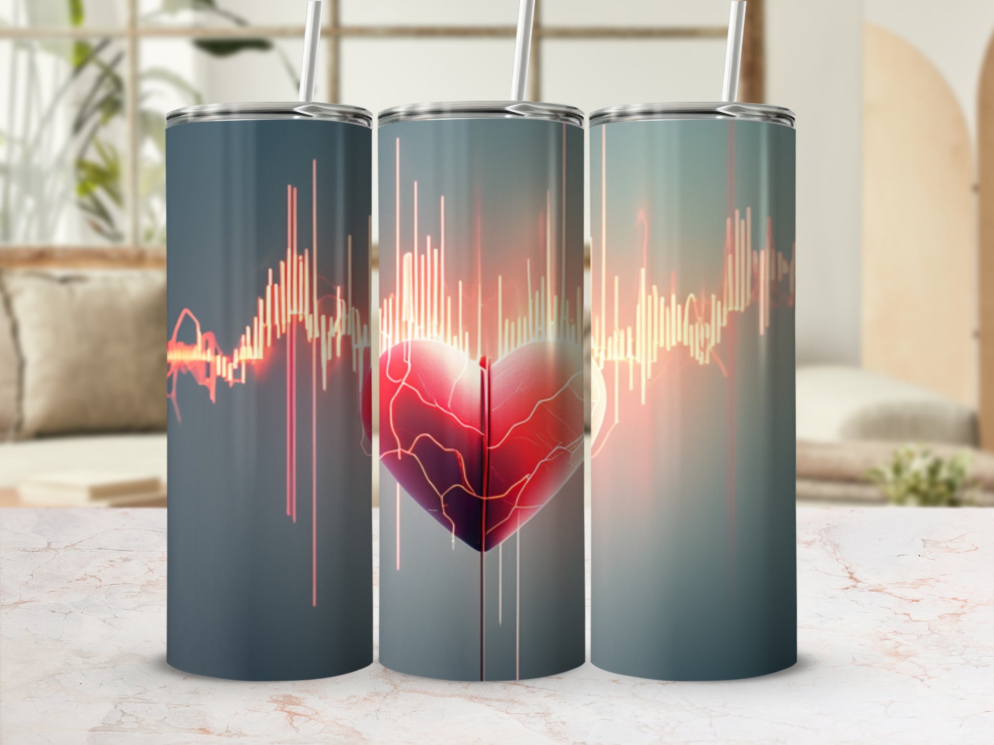 Tumbler with abstract heart and heart rhythm graphic design
