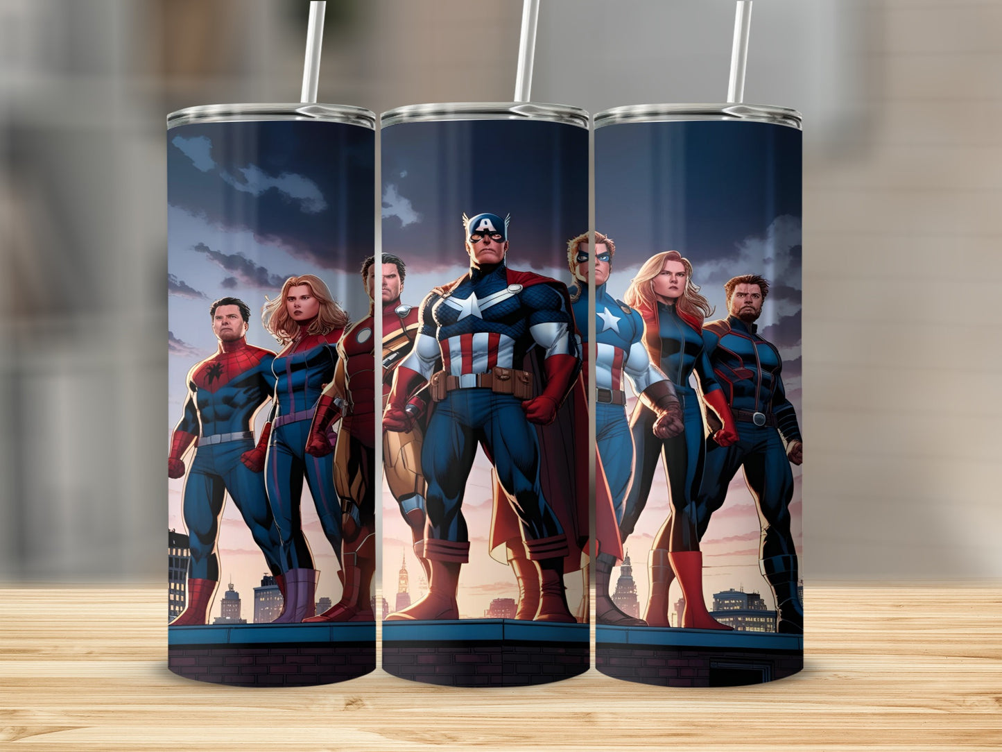 Avengers superheroes stand on a rooftop at sunset.