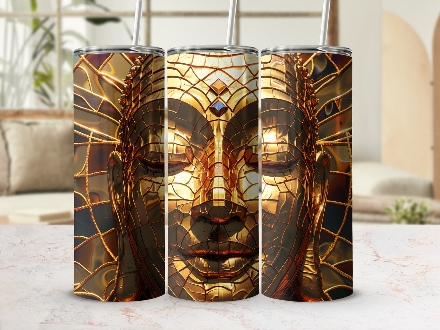Golden Buddha face design on three stainless steel tumblers with straws.