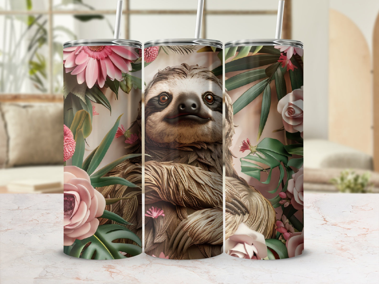 Sloth with flowers and tropical leaves on a tumbler.