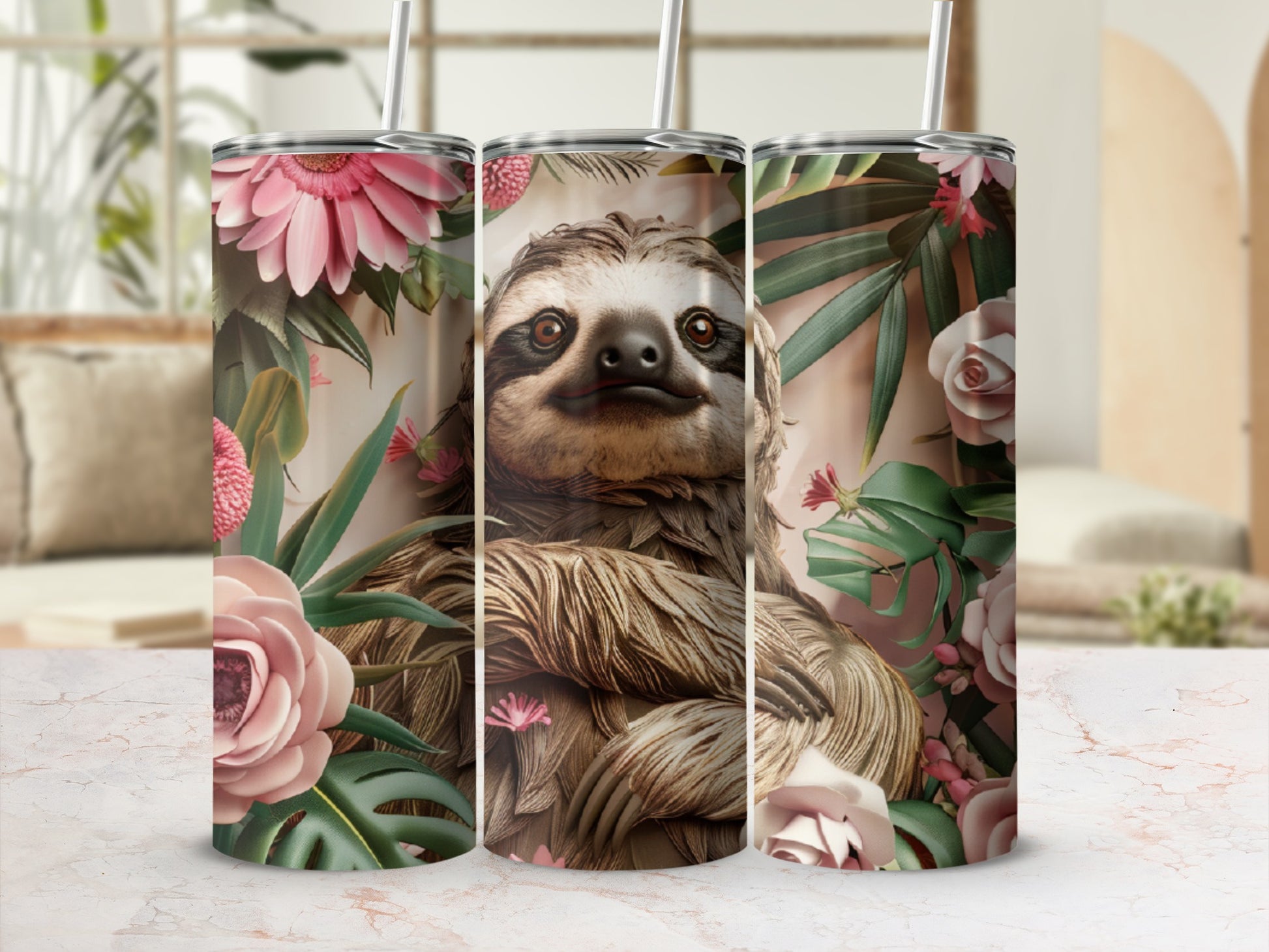 Sloth with flowers and tropical leaves on a tumbler.