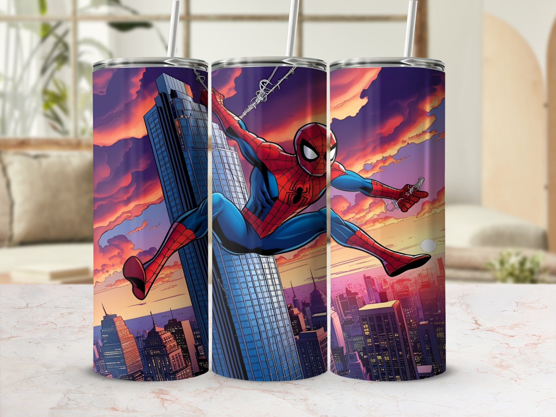 Spiderman swings between skyscrapers against a colorful sunset sky.