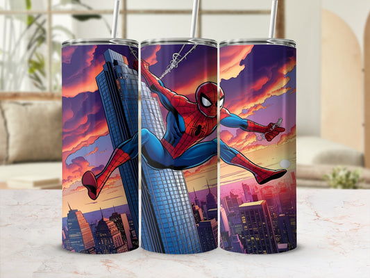 Spiderman swings between skyscrapers against a colorful sunset sky.