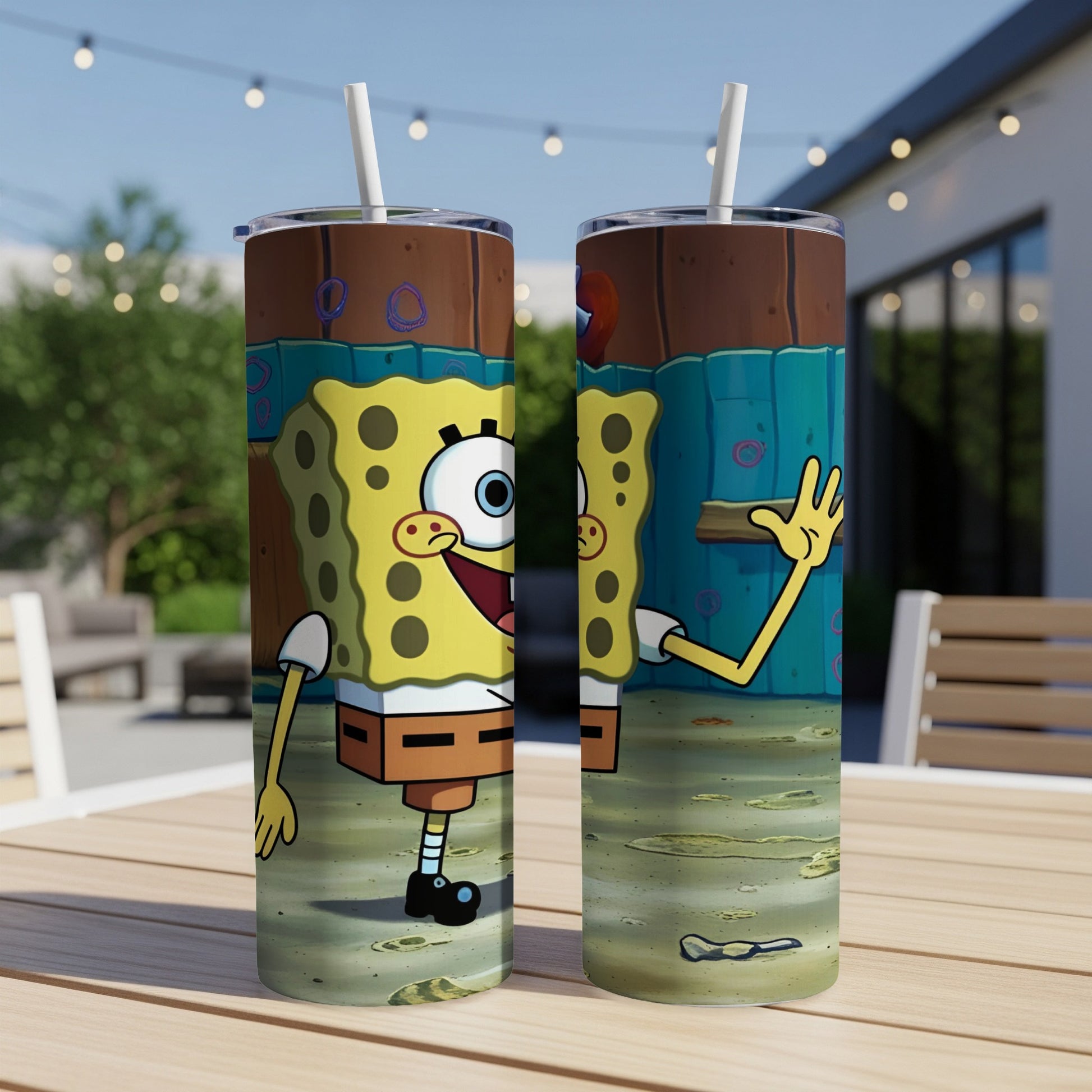 SpongeBob SquarePants character on a cylindrical tumbler with a straw.