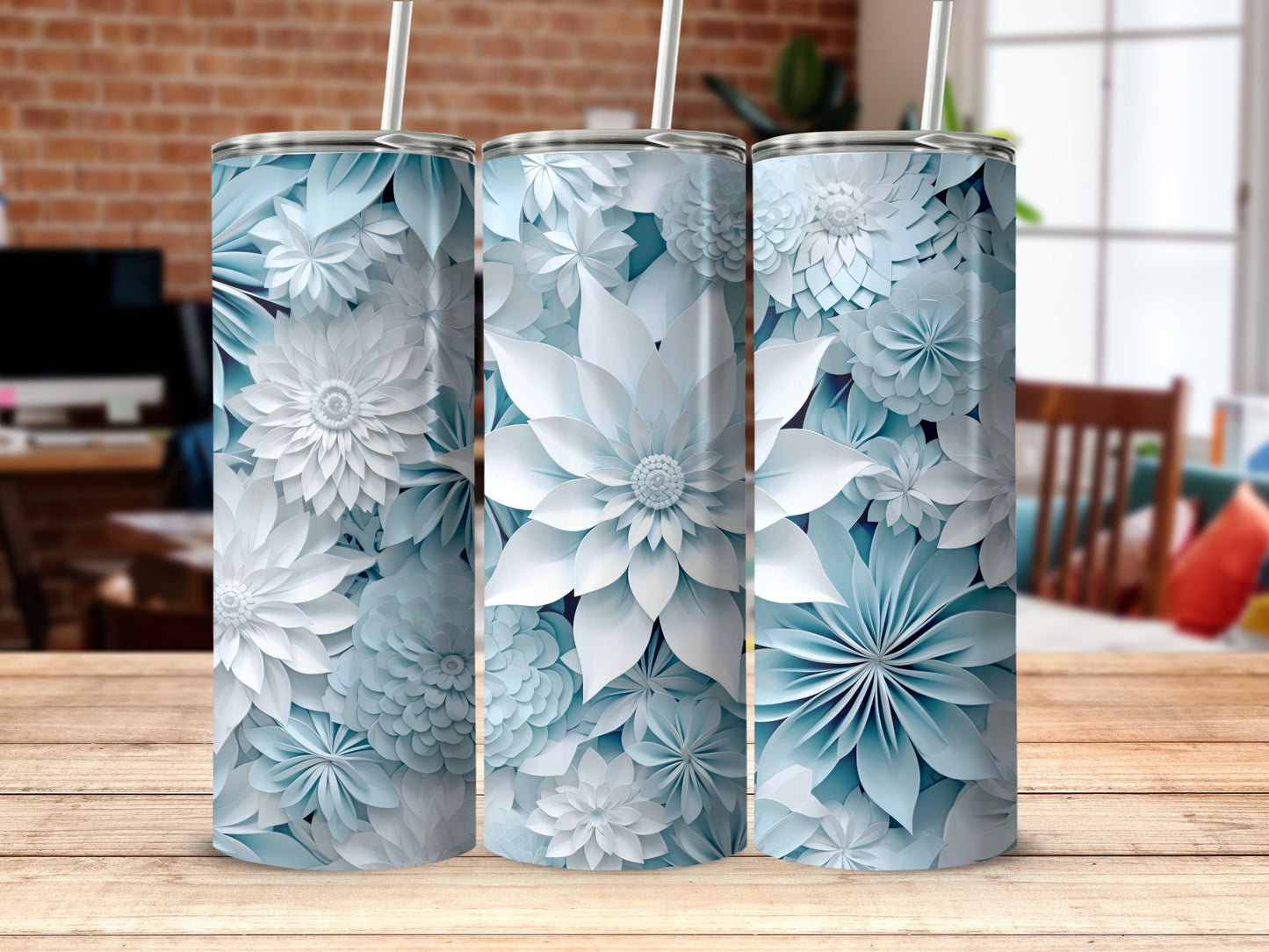 Elegant Light Blue Floral Pattern Stainless Steel Tumbler