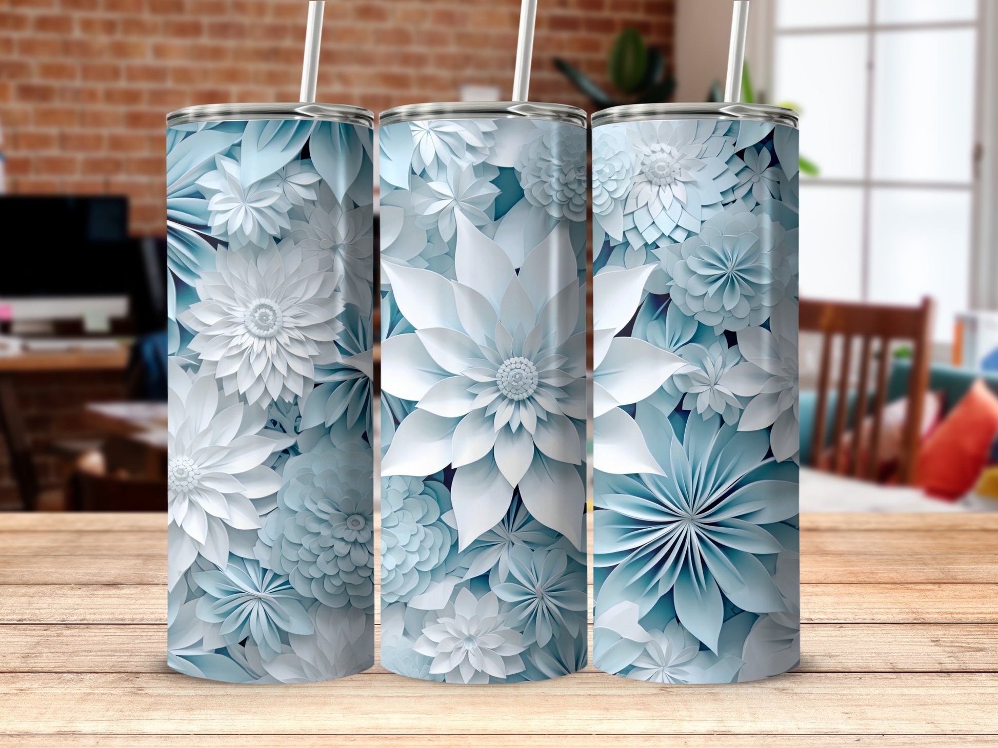 Elegant Light Blue Floral Pattern Stainless Steel Tumbler