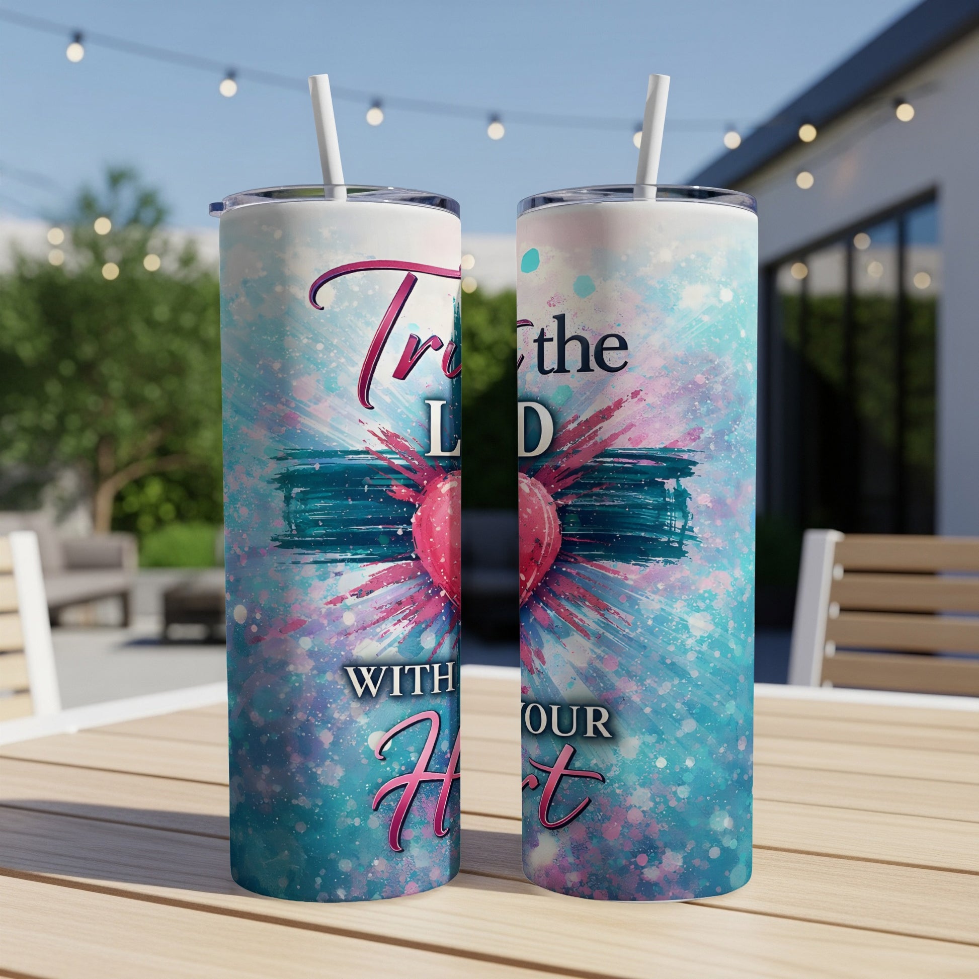 Two tumblers with "Trust the Lord With All Your Heart" text and a heart design.