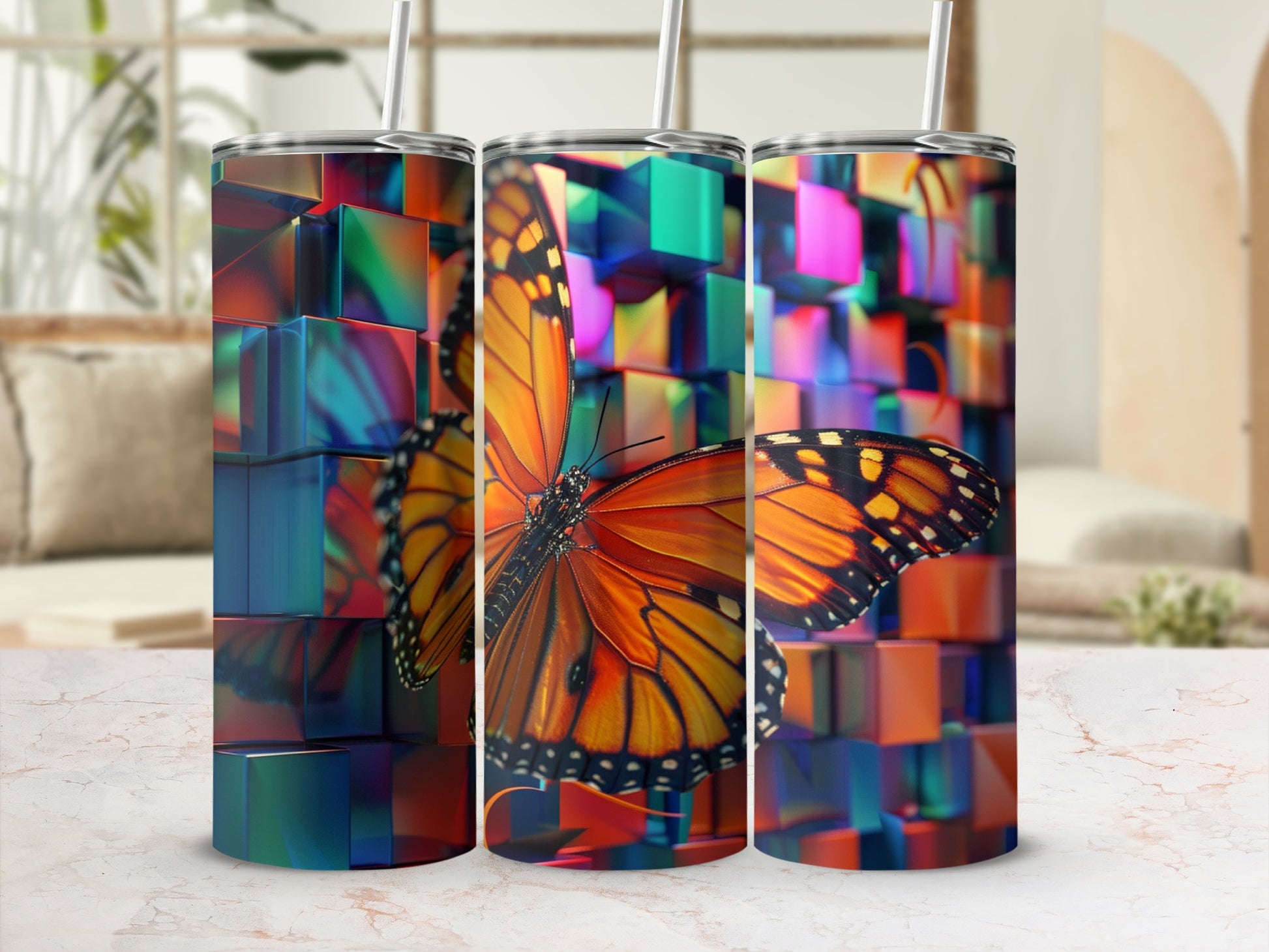 Orange monarch butterfly on colorful 3D cube background tumbler.